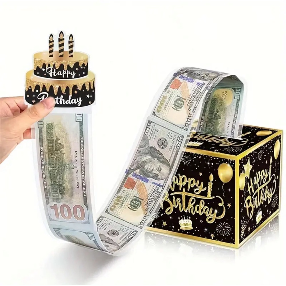 Birthday Card/Present, Black & Metallic Toned Surprise Cash Card/Box, NE…